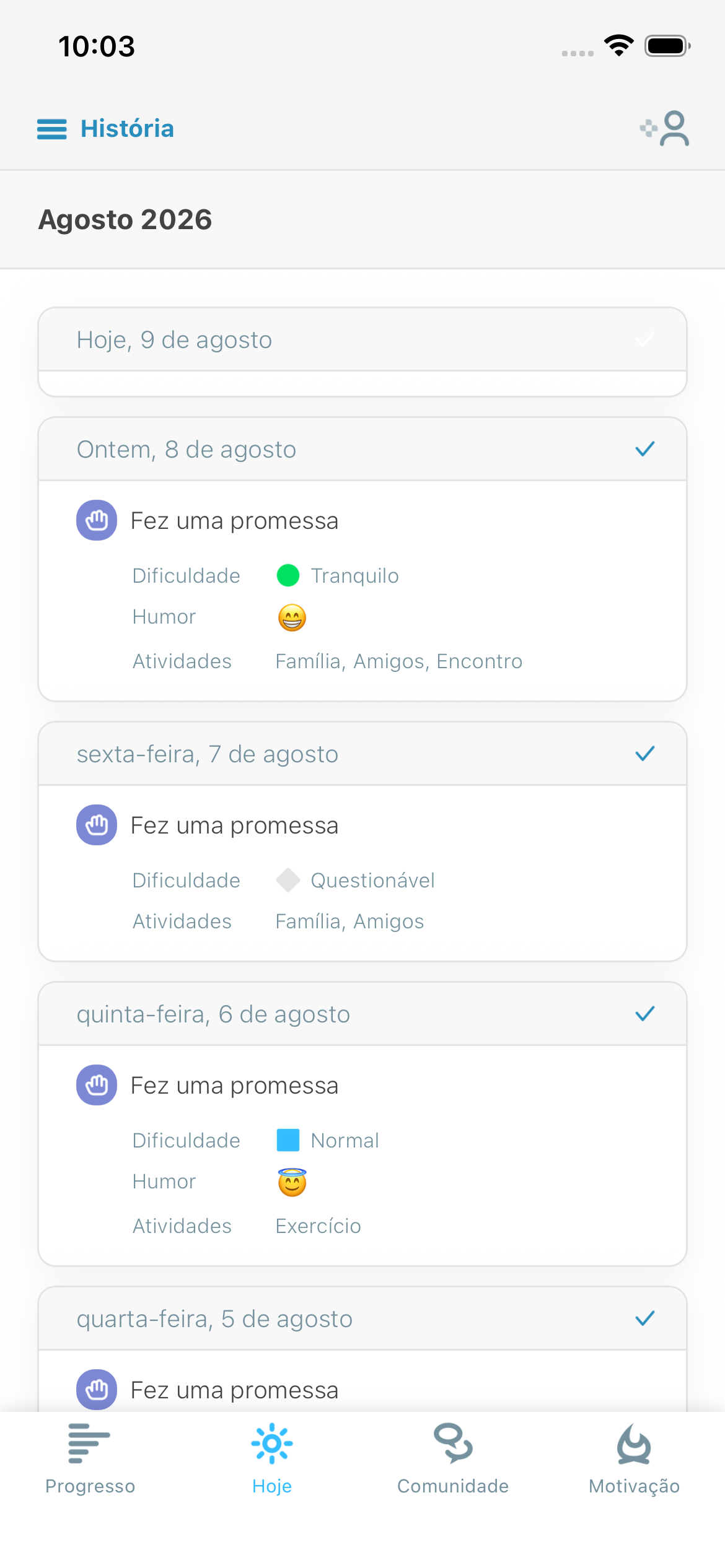 Captura de tela da reflexão diária mostrando dificuldade, humor e atividades