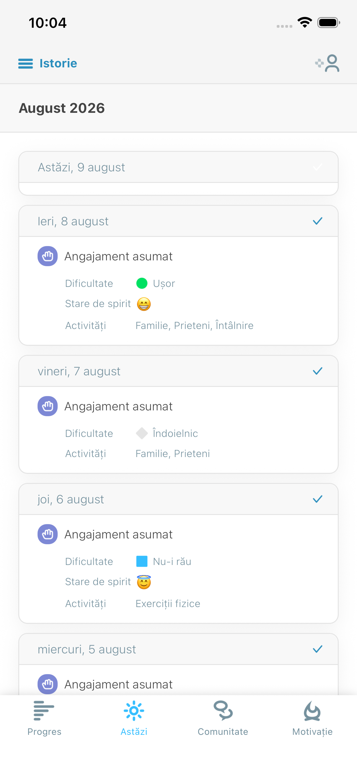 Daily reflection screenshot showing difficulty, mood, and activities
