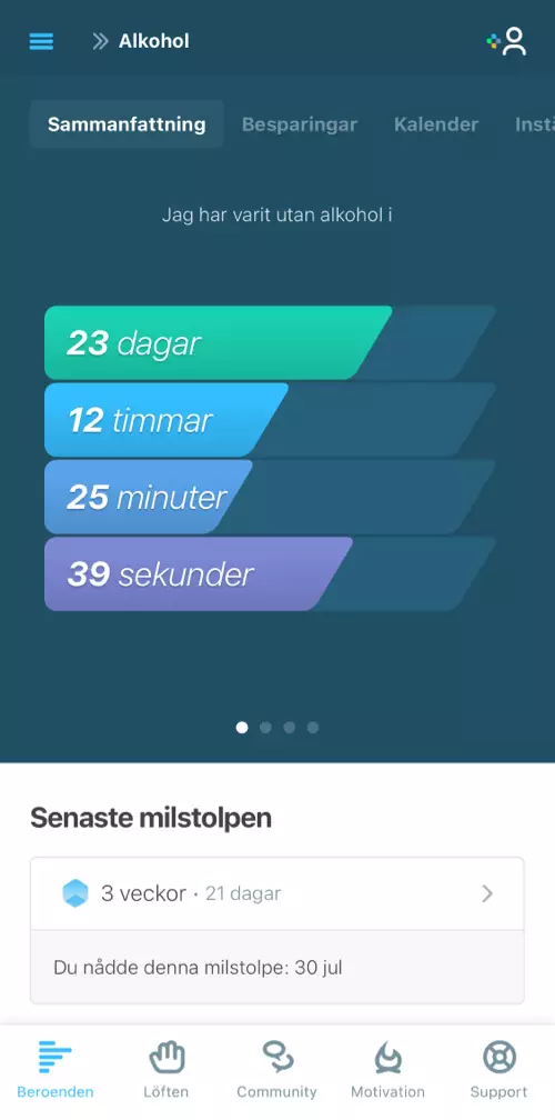 Nykterhetsspåraren visar hur länge du har varit nykter från ditt missbruk