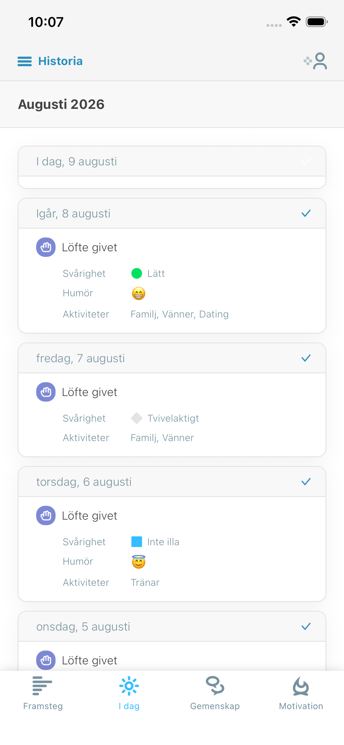 Daily reflection screenshot showing difficulty, mood, and activities