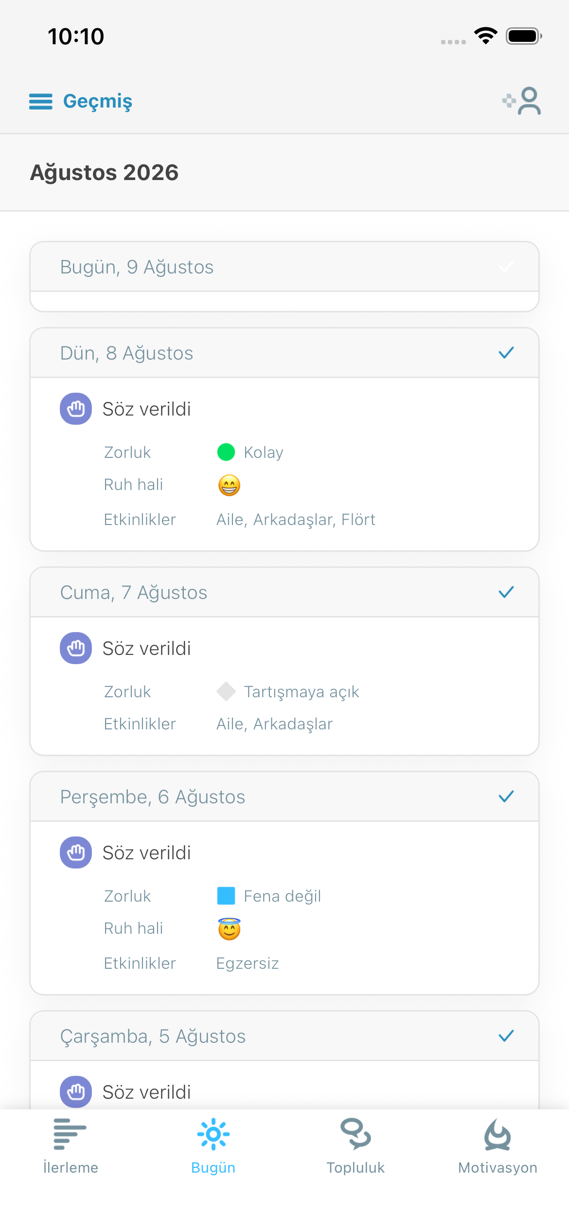 Daily reflection screenshot showing difficulty, mood, and activities