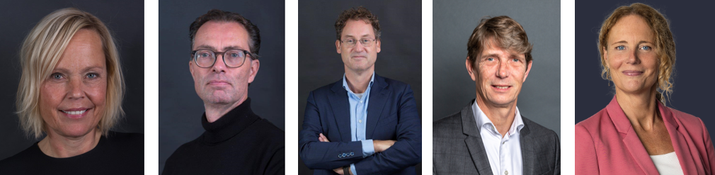 Van links naar rechts ziet u Jorien Castelein (Blink, voorzitter), Jacco Flipsen (Springer), John Nouwens (Malmberg),  Huub van der Meulen (Lefebvre Sarrut, penningmeester), en Maureen van Bruinissen (Noordhoff).