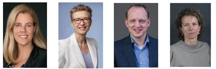 Van links naar rechts ziet u Femke van der Lecq (Zwijsen), Renate Boers  (ThiemeMeulenhoff), Willem Schaap (Boom) en Elle Kanters (Pearson).