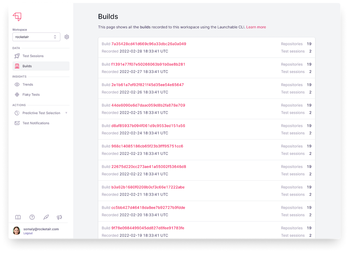 View recorded builds in Launchable