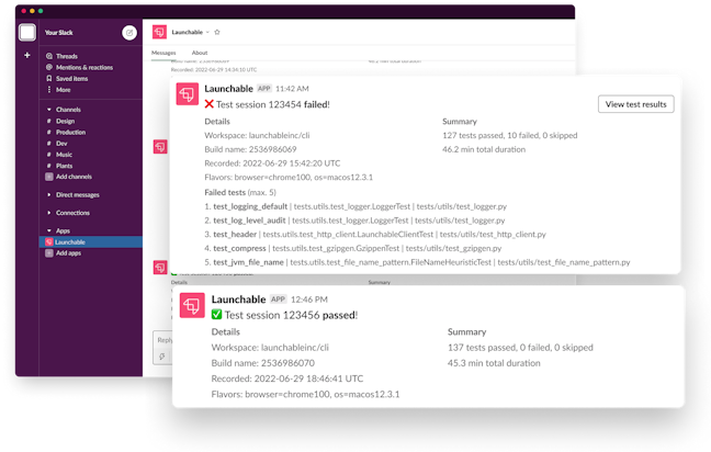 Get immediate, direct notifications of test failures natively in Slack.