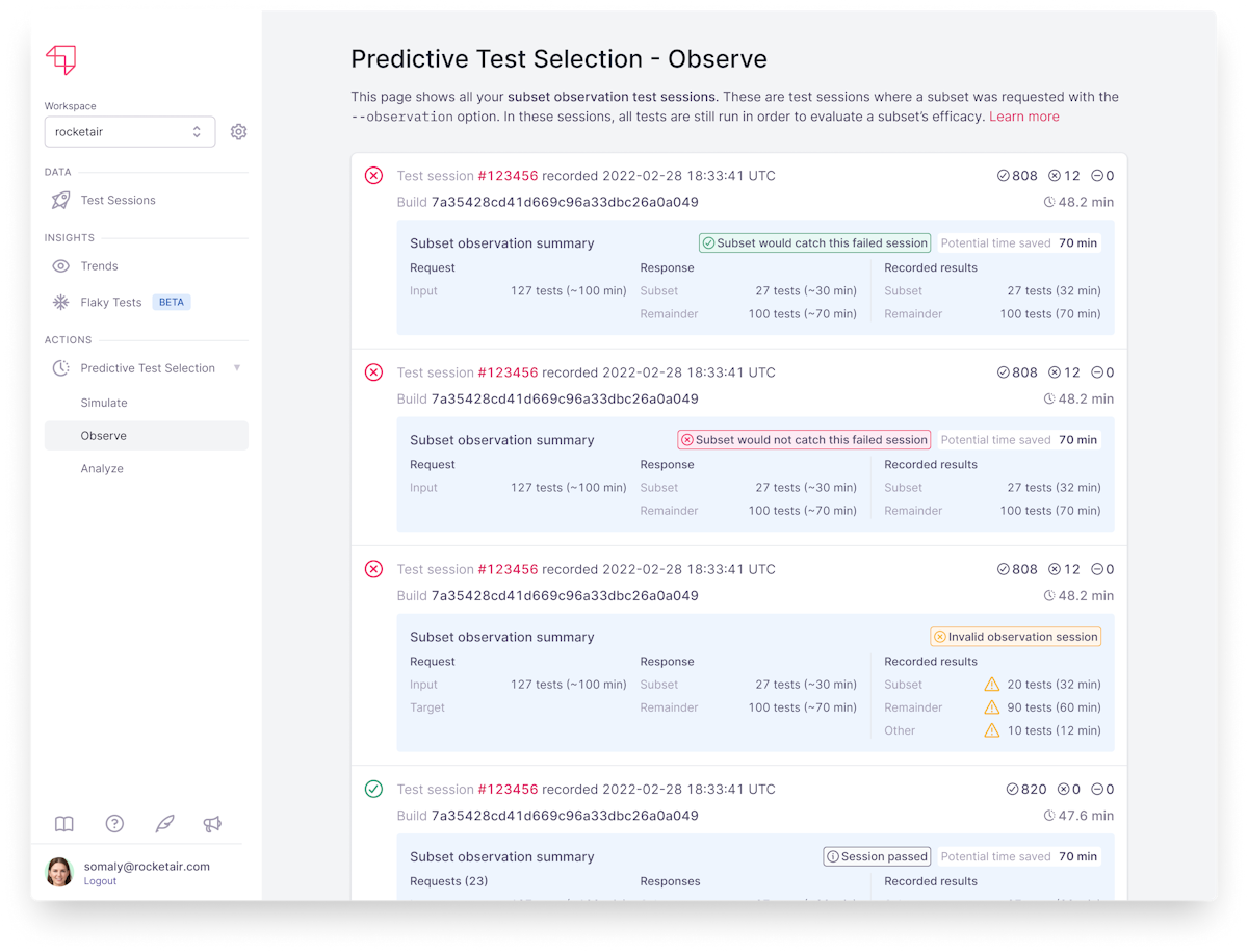 Predictive Test Selection Observation Mode