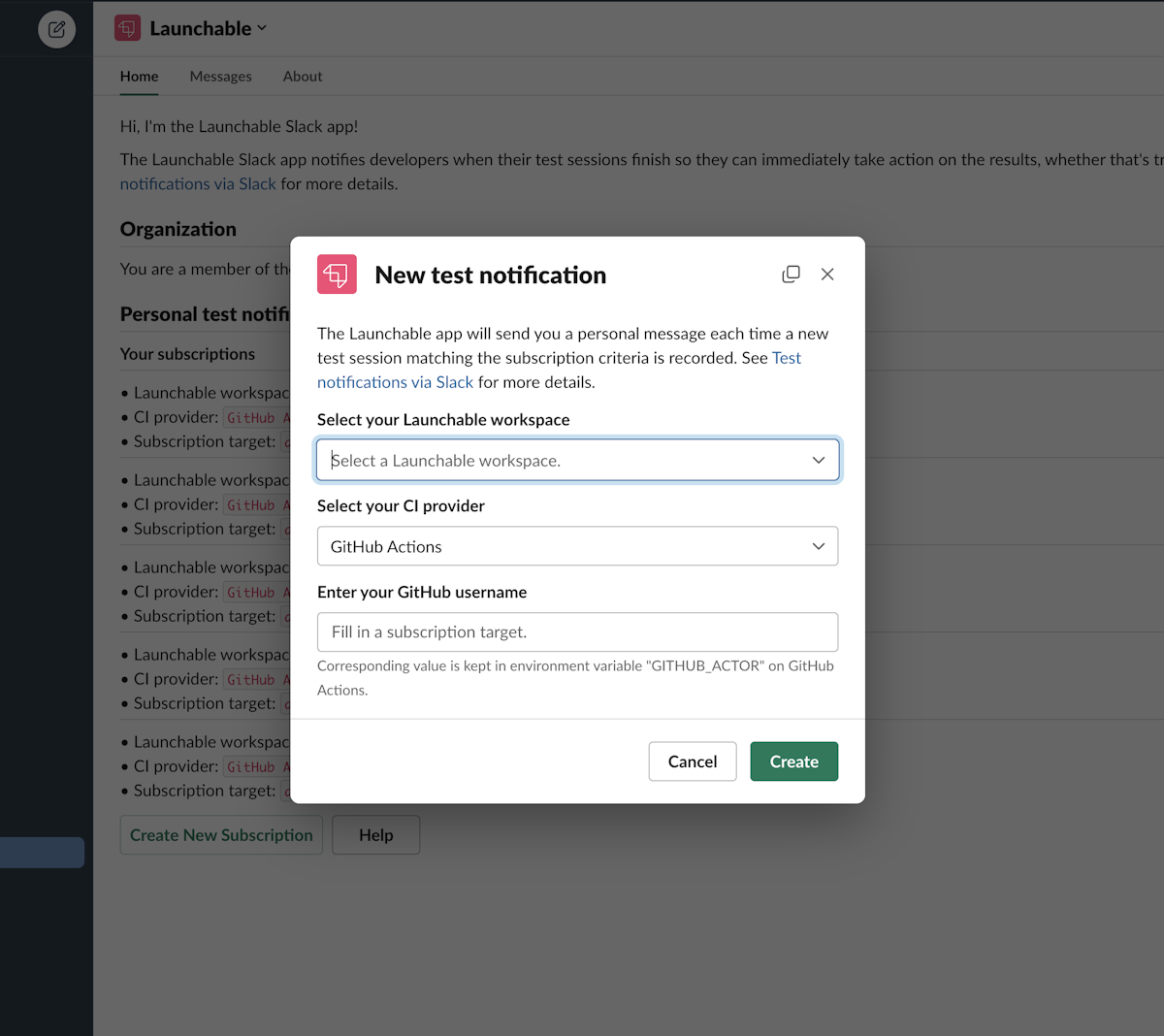 Slack UX for creating a subscription