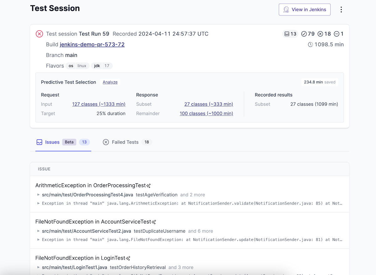 Launchable web app test session display showing the issues tab used for intelligent test failure grouping