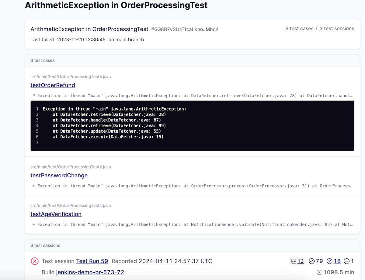 Specific issue page containing various details about the issue and related test cases and test sessions.