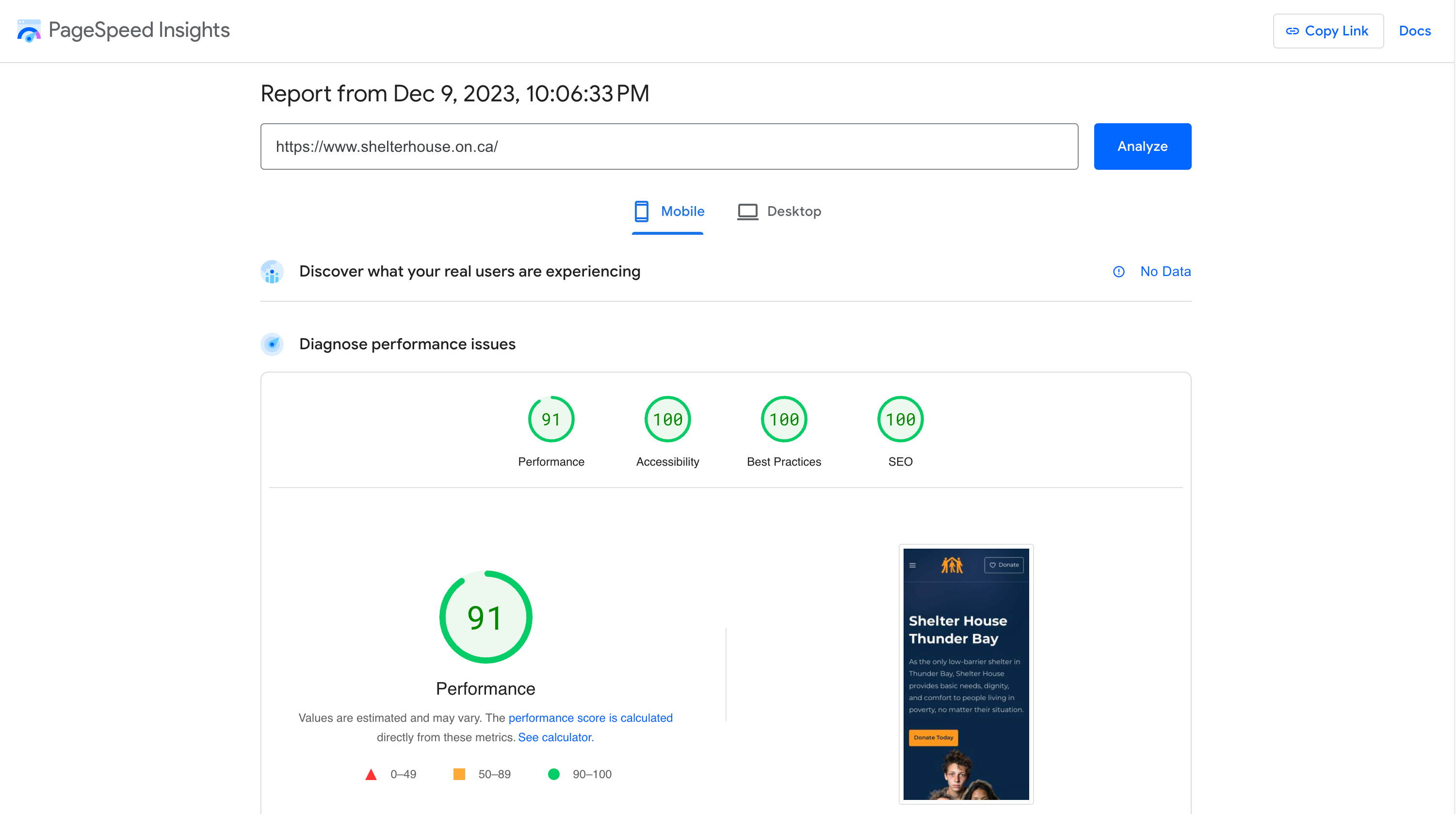 Google PageSpeed Insight - Shelter house green zone