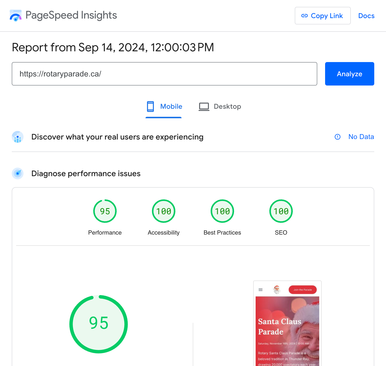 Page Speed Green Zone - 95 performance and 100 for SEO, Accessability, Best Practices