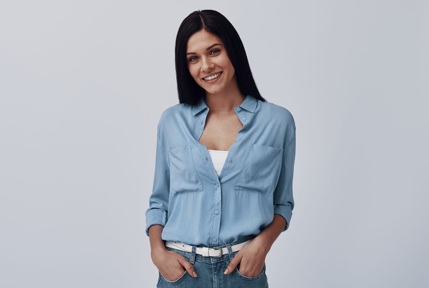 woman in light blue button down