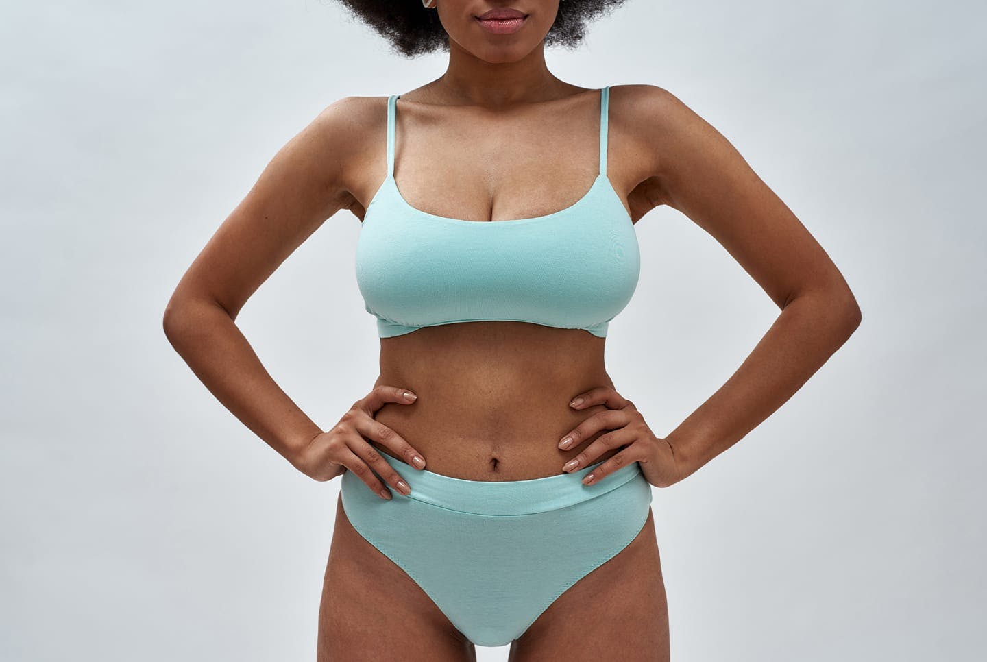 woman in blue undearwear set