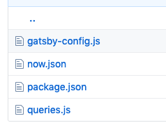 Gatsby dashboard: gatsby-config.js, now.json, package.json, queries.js