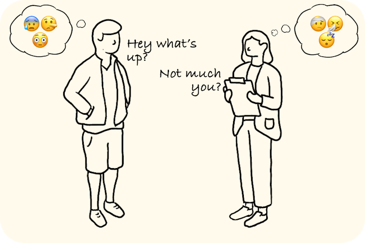 An illustration of two people chatting that shows we don't always say what we really mean, and that we can't always tell what people are actually thinking.