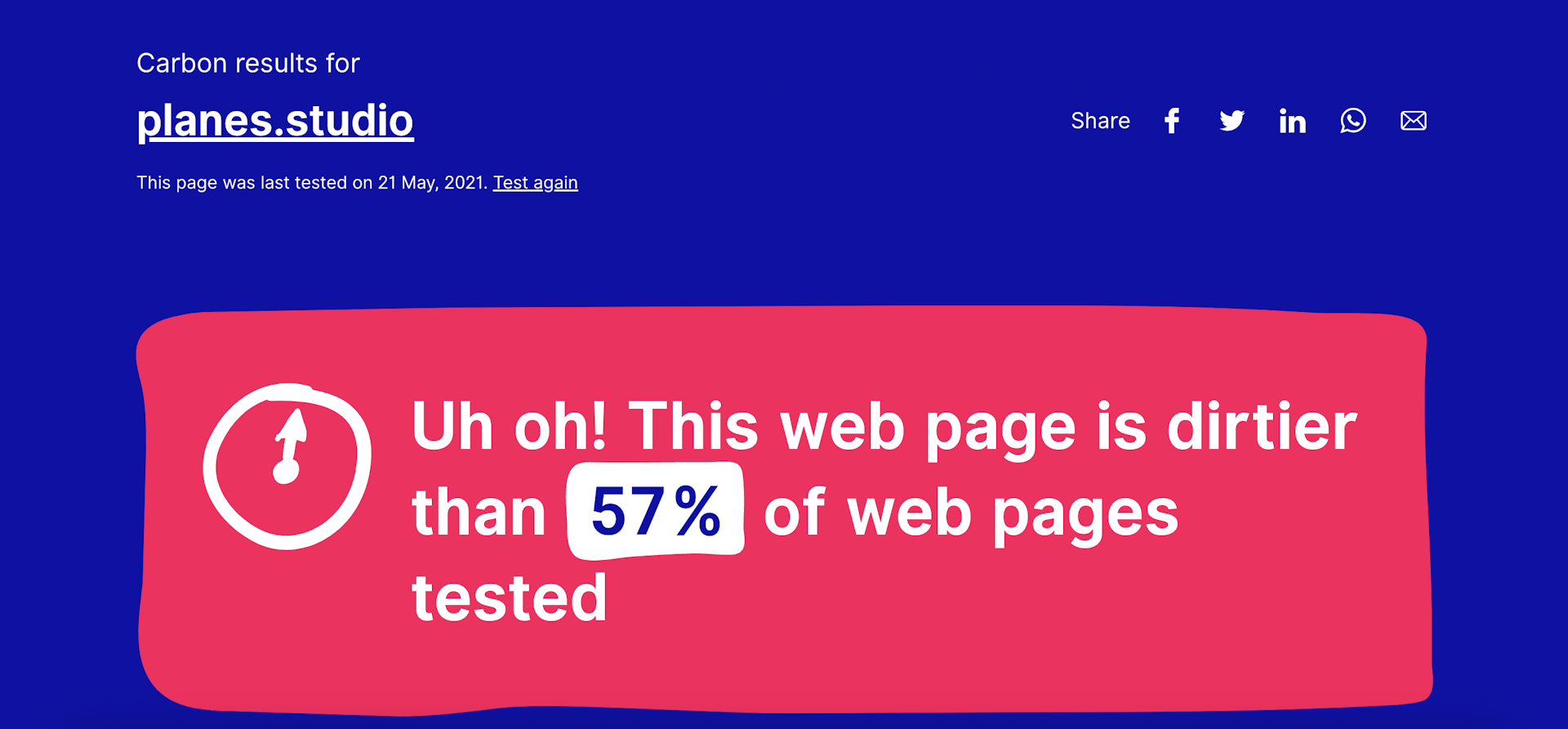 Website Carbon Calculator for Planes Studio Carbon results for Planes Studio: Uh oh! This web page is dirtier than 57% of web pages tested