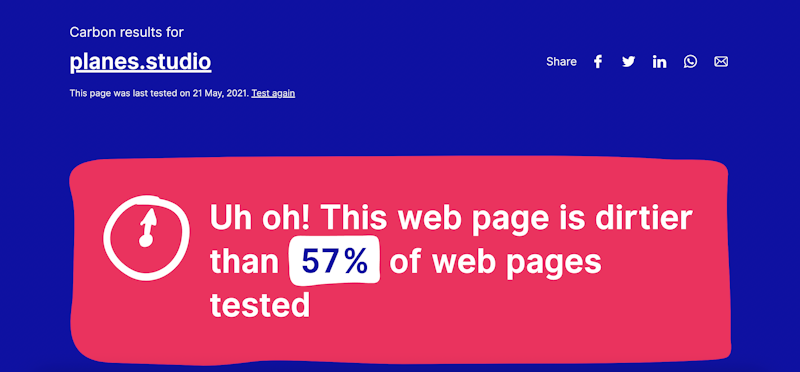 Carbon results for Planes Studio: Uh oh! This web page is dirtier than 57% of web pages tested