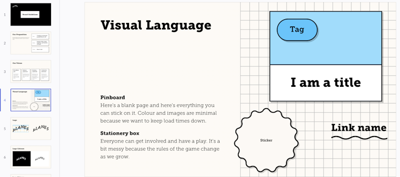 Planes brand guidelines: Visual language 'Pinboard: colour and images are minimal to keep load times down'