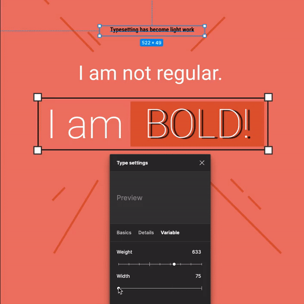 Typesetting has become light work in a 'light' font, I am not regular in a 'regular' font and I am BOLD! in a 'bold' font.