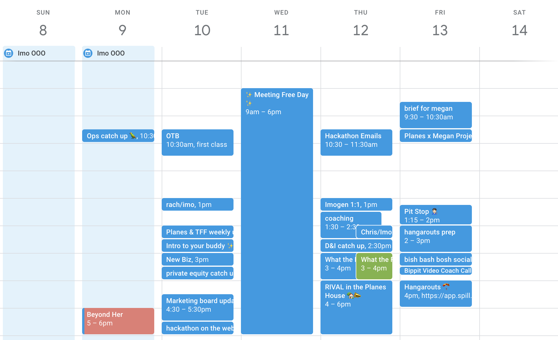 A full day block in Imogen's diary for Meeting Free Wednesday