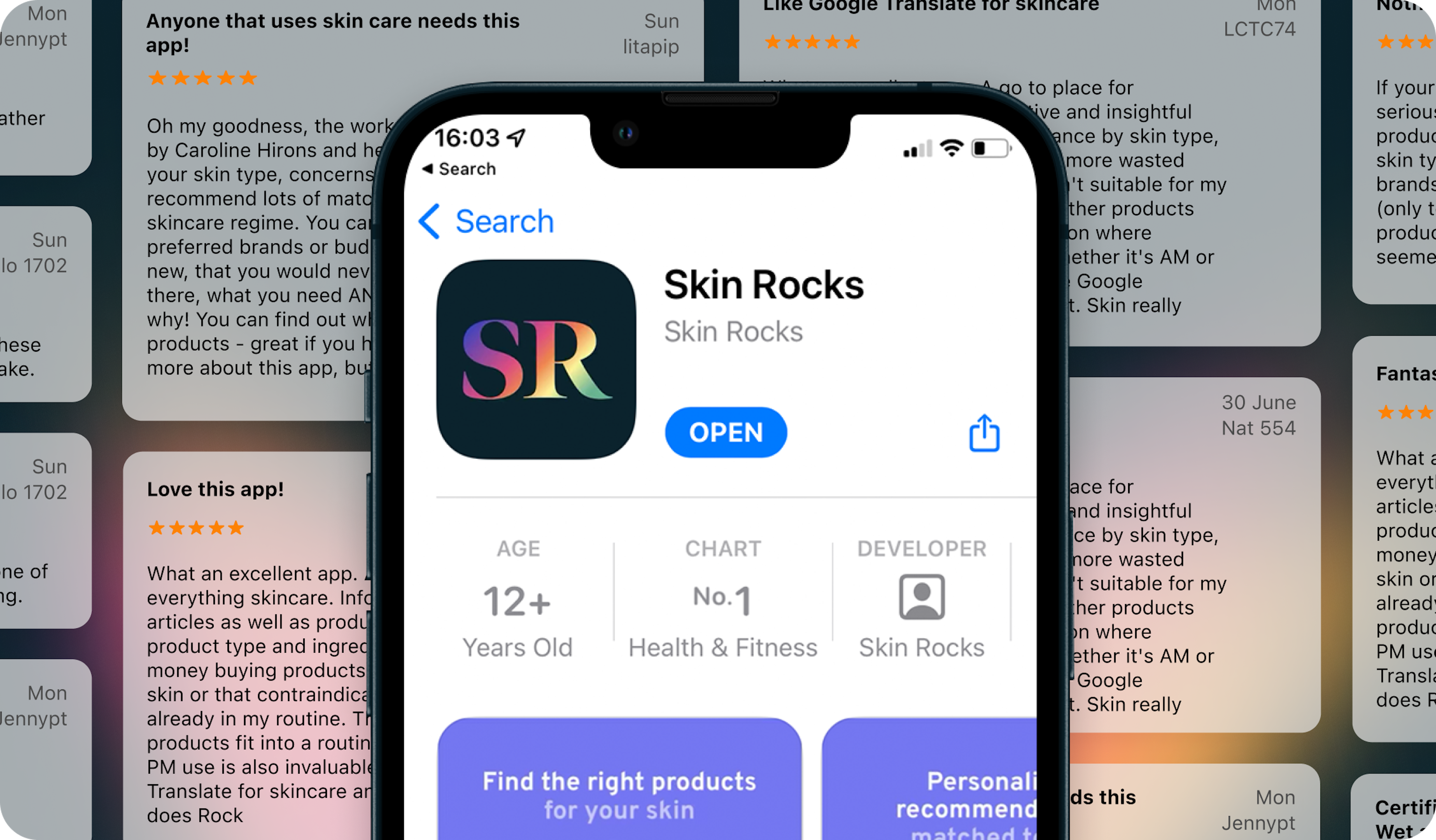 image of app with 5 star reviews behind