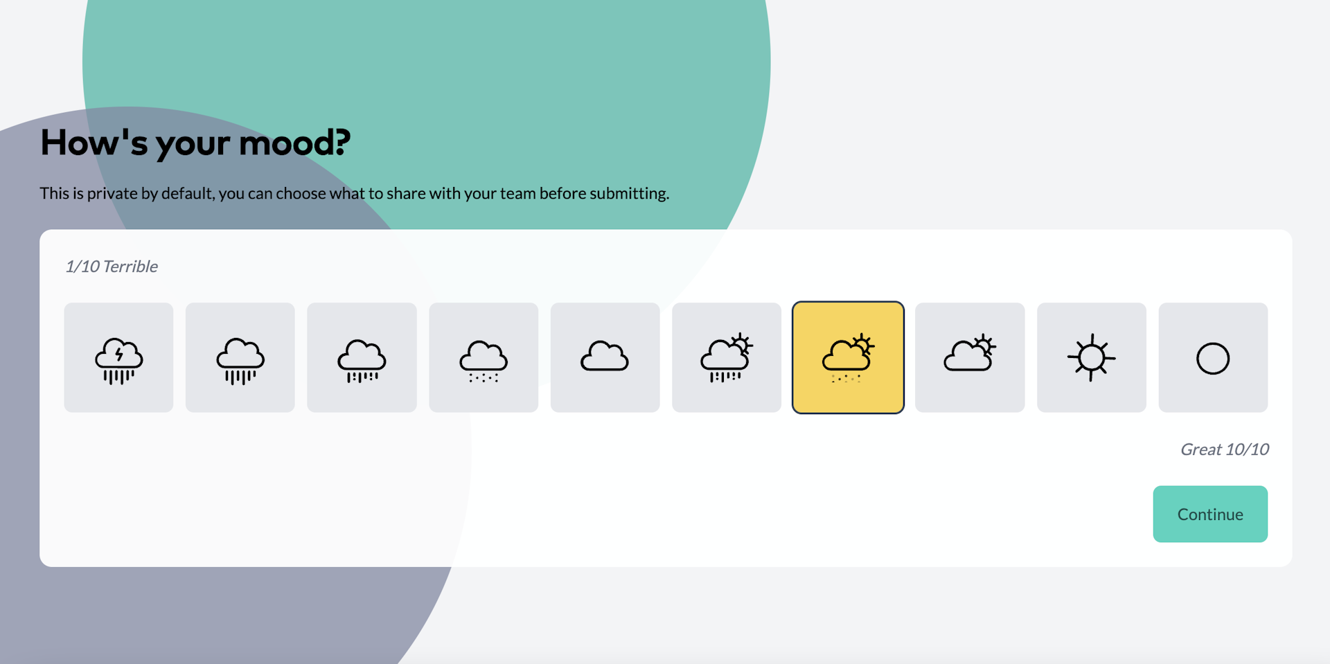 Spill's pulse feature: giving you the option to rate your mood based on illustrations of a storm cloud all the way to a sunny circle.