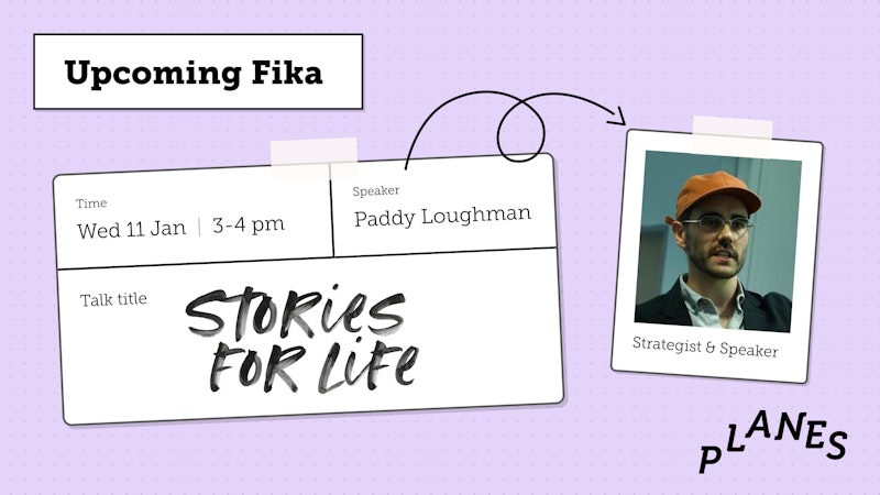 Image card promoting the talk with picture of paddy and talk title 'Stories for Life' displayed