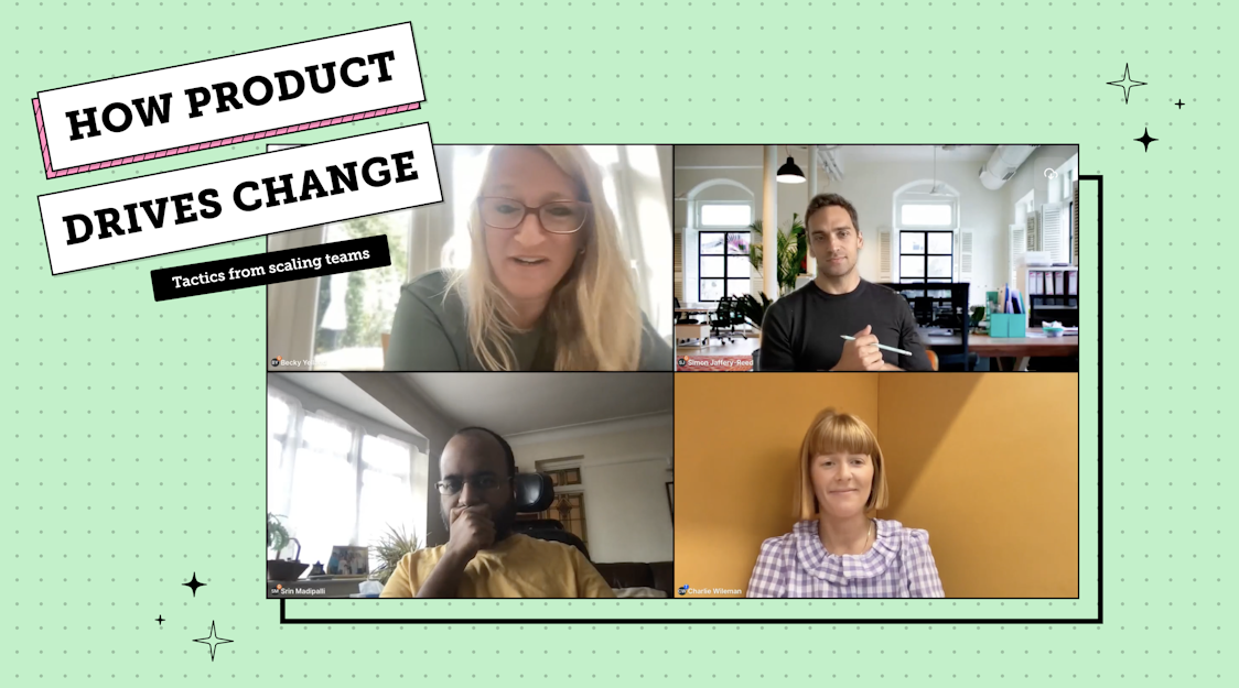 The event speakers Srin, Becky, Simon and Charlie are on a virtual call together.
