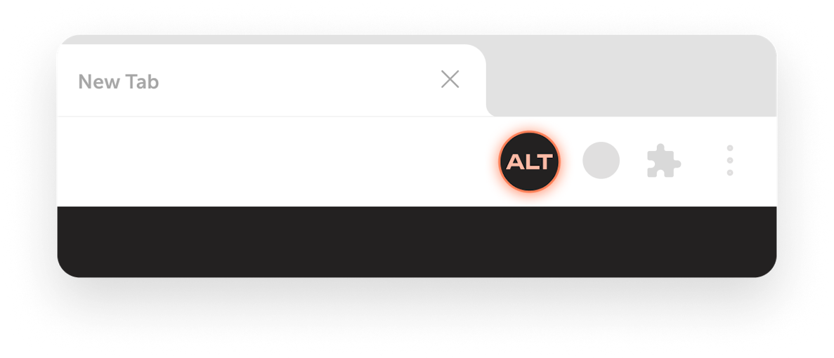 Mockup of a Chrome new tab and plug in bar with an orange and black icon that reads ALT