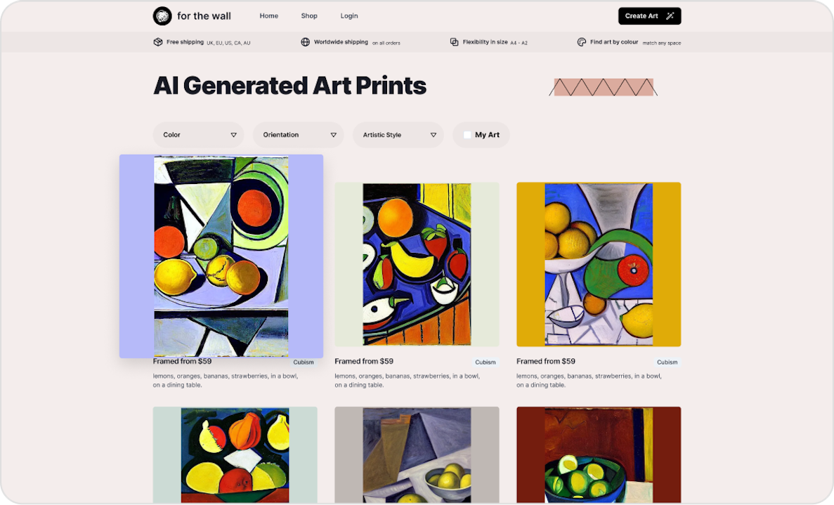 screenshot of a website that has AI-generated abstract art pieces for sale