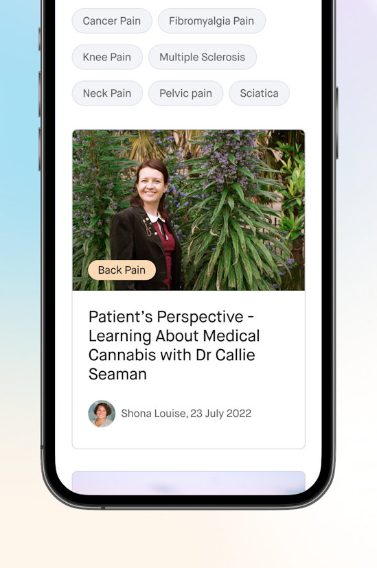 A blog "Patient's Perspective - Learning About Medical Cannabis" displayed on a phone