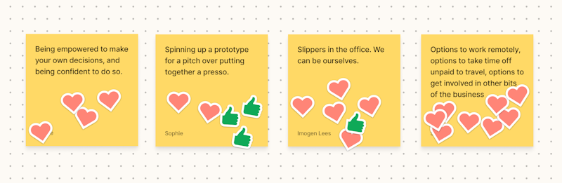 Post it notes that say: 'Being empowered to make your own decisions', 'Spinning up a prototype for a pitch over putting together a presso', 'slippers in the office. We can be ourselves', 'Options to work remotely'