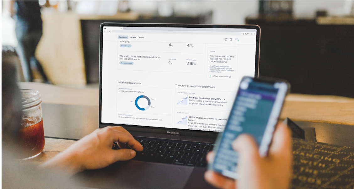 A person is scrolling through the prototype of the dashboard we created, the dashboard shows information about a law firm
