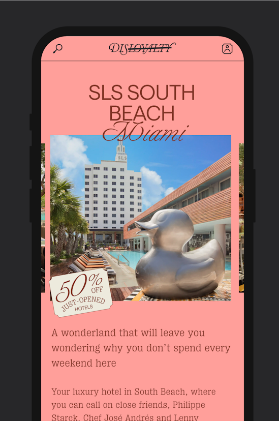 The Dis-loyalty hotel page in a phone