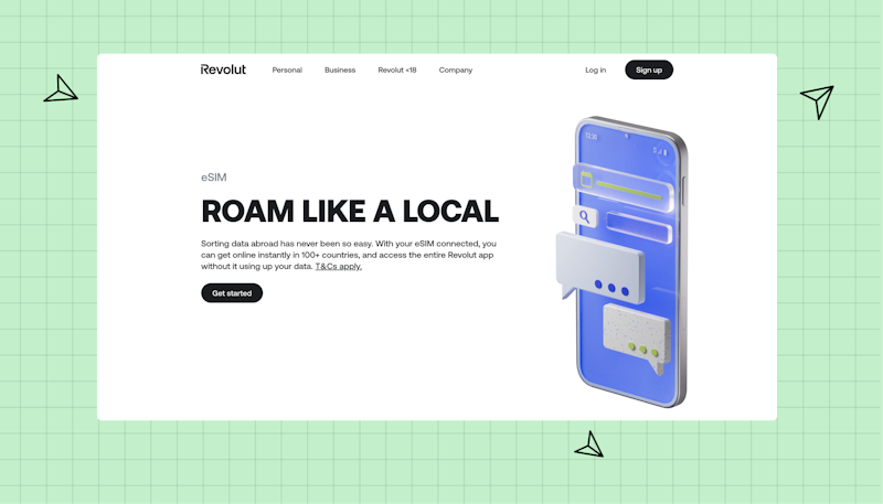 Example of Revolut's eSIM homepage that says: Roam like a local