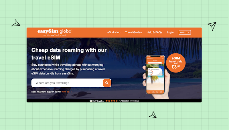 Example of easyJets eSIM homepage that says: cheap data roaming with our travel eSIM