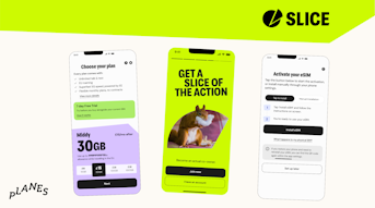 Three smartphone screens displaying steps to activate an eSIM. The first screen shows plan options, the middle screen a promotional image with a squirrel, and the third screen activation instructions.