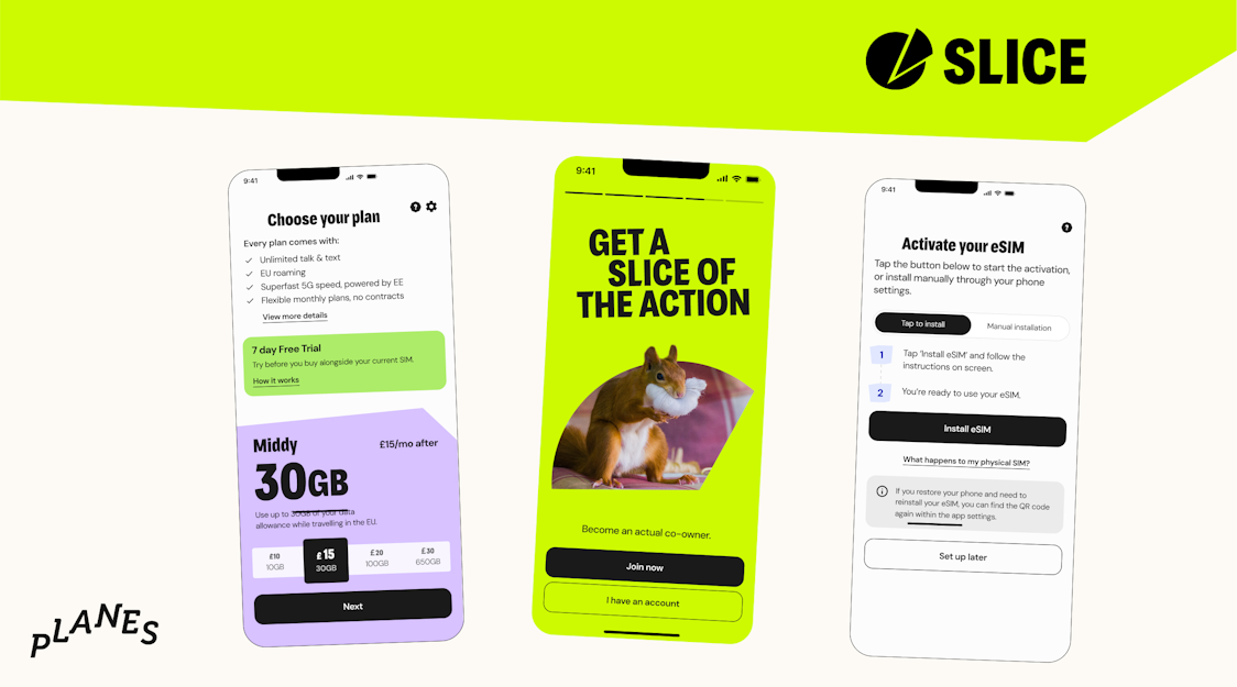 Three smartphone screens displaying steps to activate an eSIM. The first screen shows plan options, the middle screen a promotional image with a squirrel, and the third screen activation instructions.