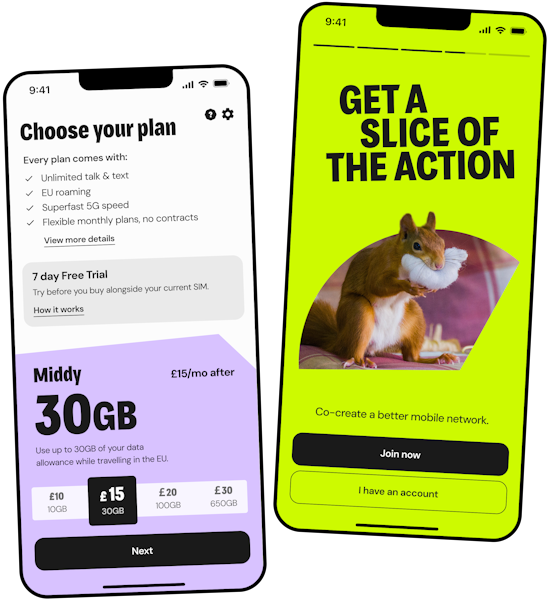 Two phones with the slice app open, one showing the sign up screen, and the other showing a user choosing their plan