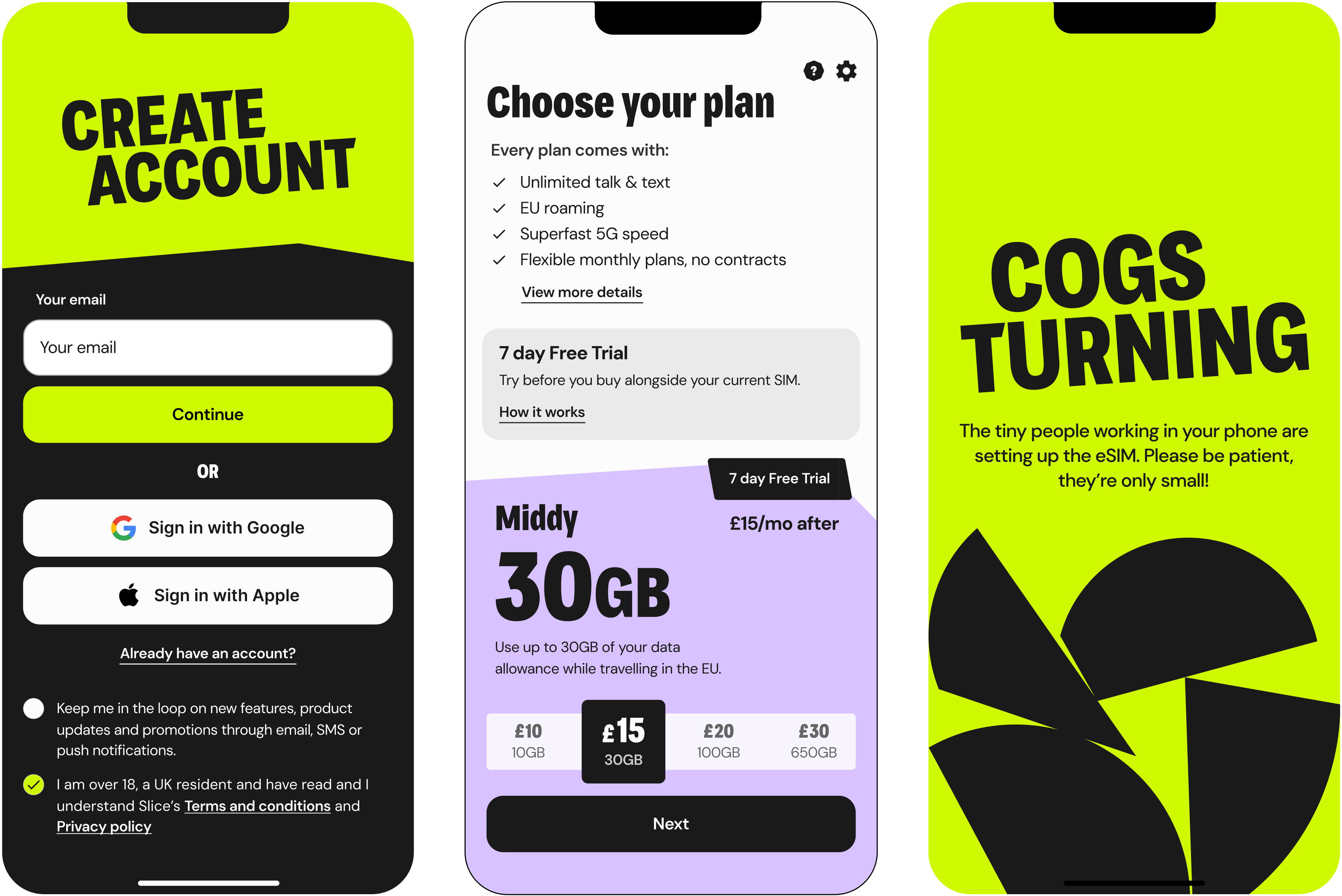 Three screens from the initial sign up process of the slice app