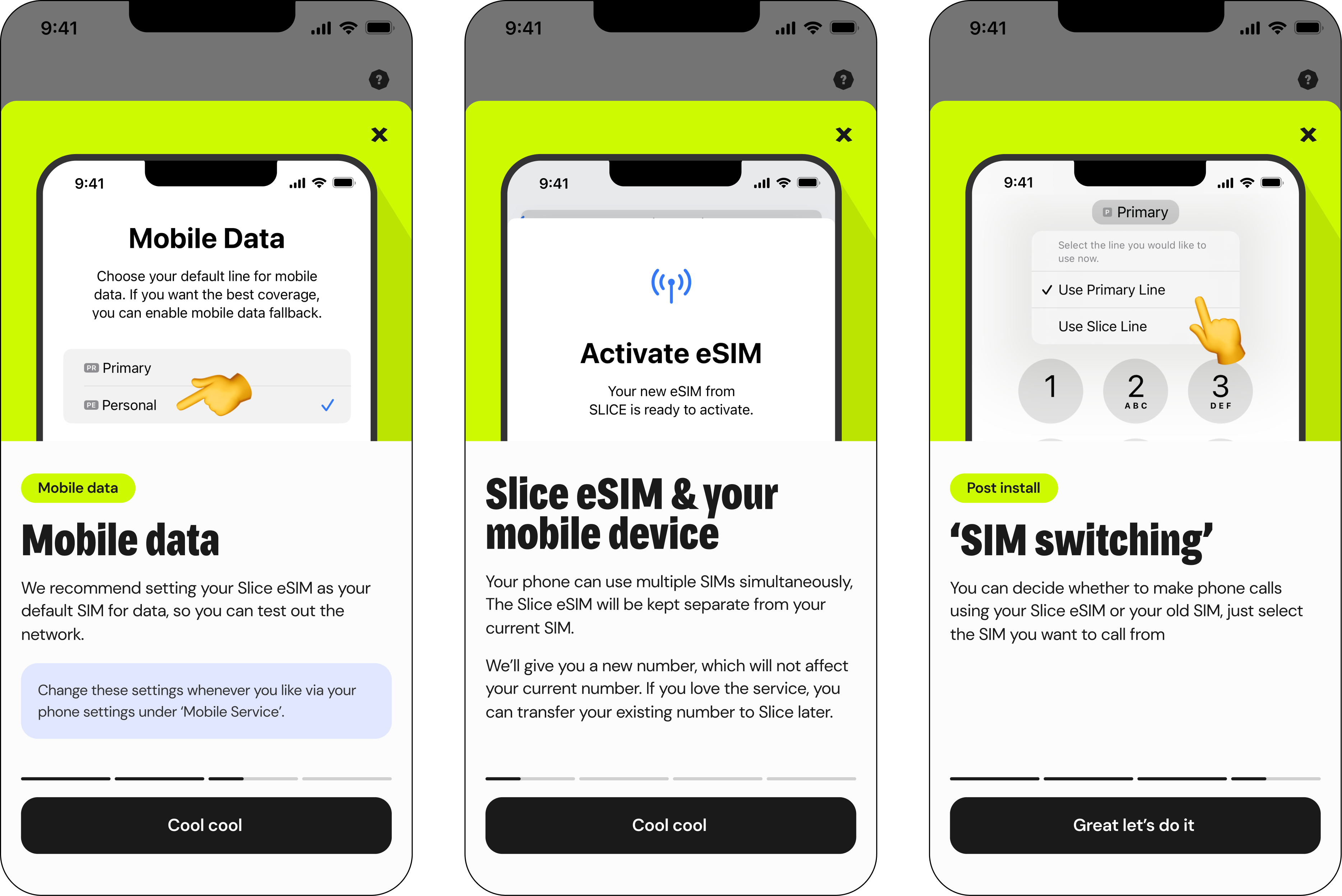 Three screens from the slice mobile app, showcasing the mobile data, esim, and 'sim switching' features
