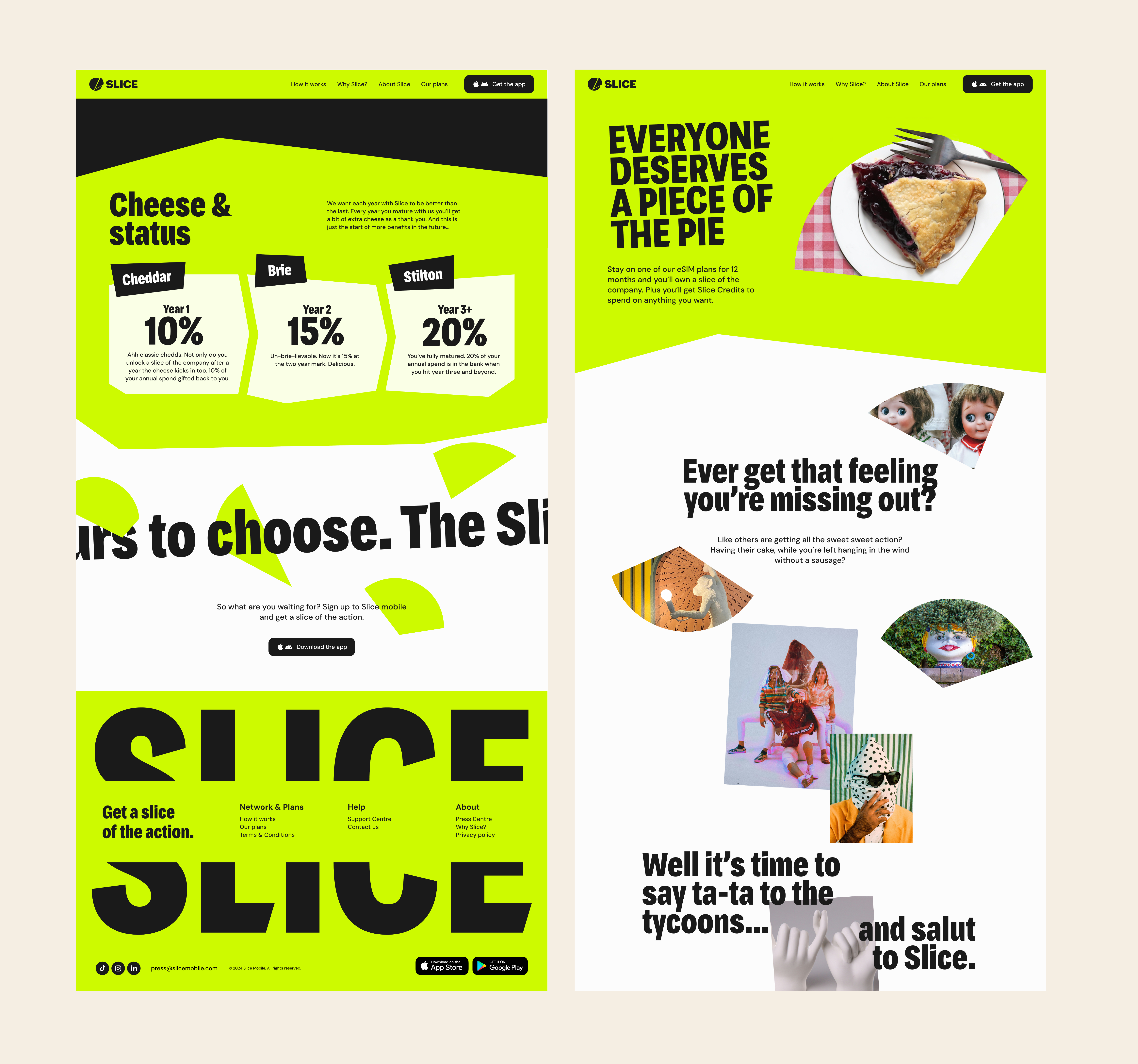 Two examples of screens from the slice website, depicting how customers can get a slice of the company