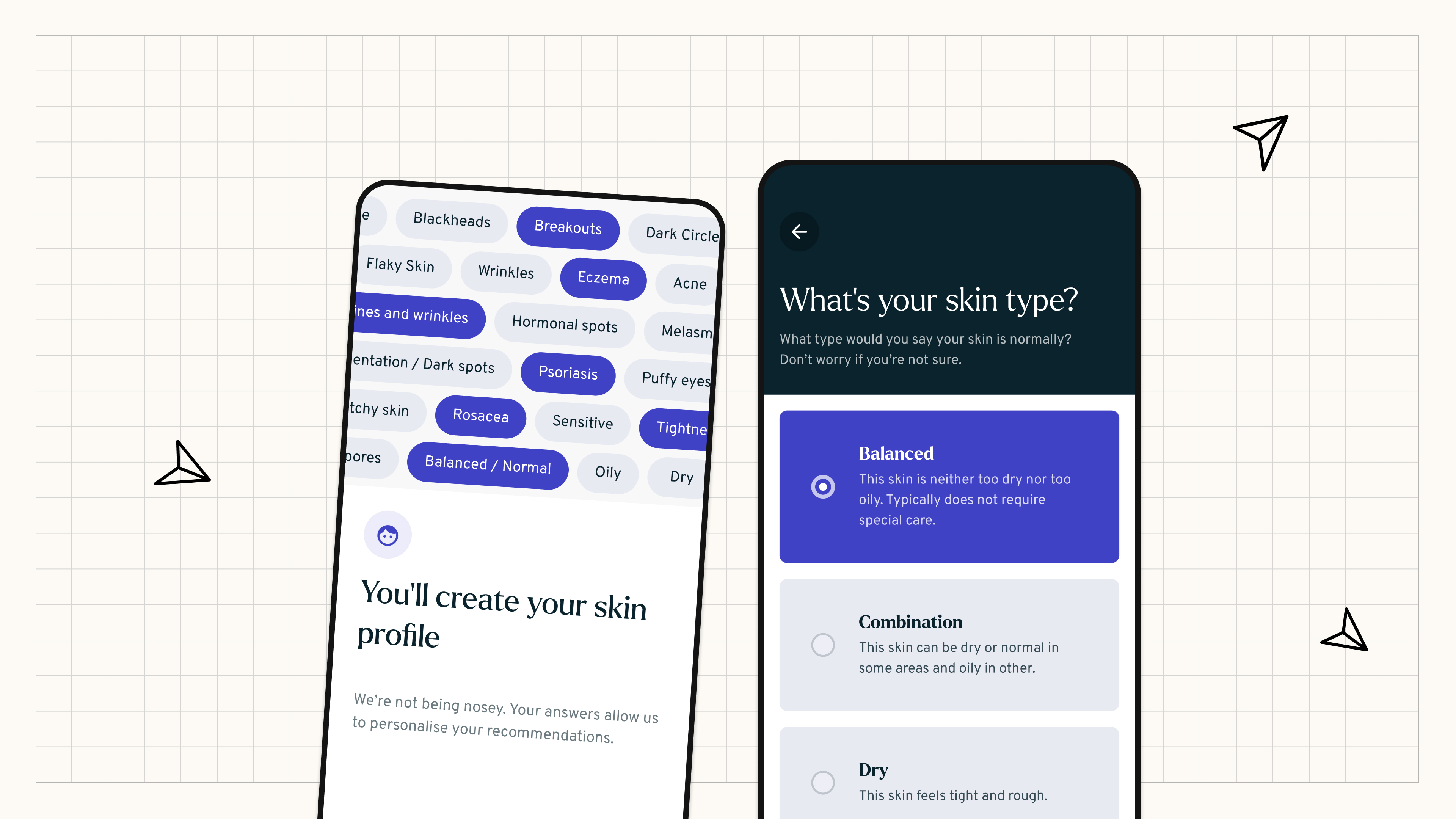 Two smartphone screens display the Skin Rocks app, with personalisation options  for skin types like "Balanced," "Combination," and "Dry.