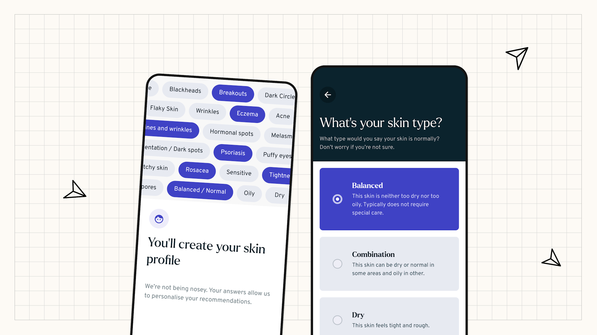 Two smartphone screens display the Skin Rocks app, with personalisation options  for skin types like "Balanced," "Combination," and "Dry.