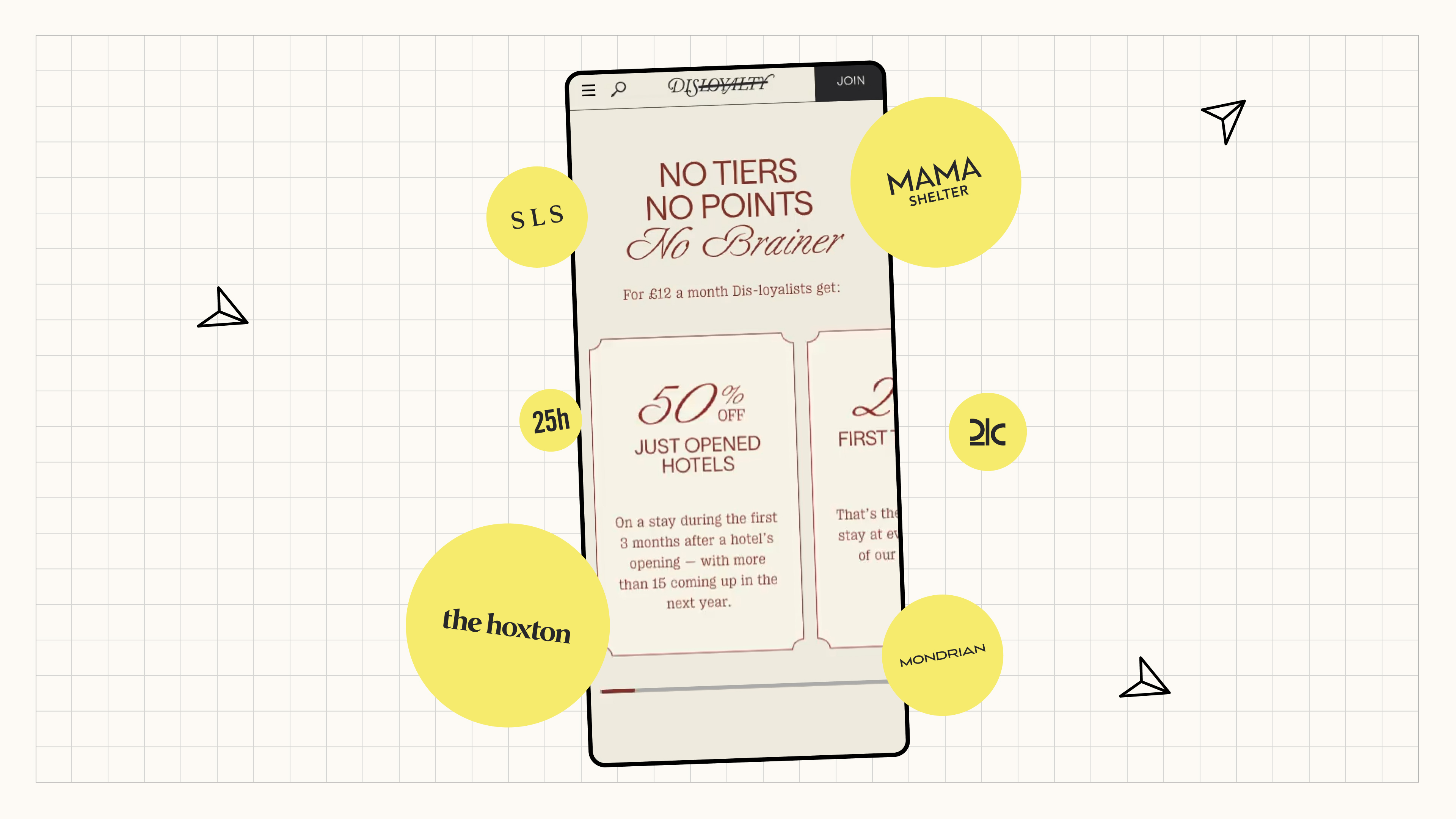 Smartphone displaying the Dis-loyalty program promotion offering discounts to six different hotel brands.