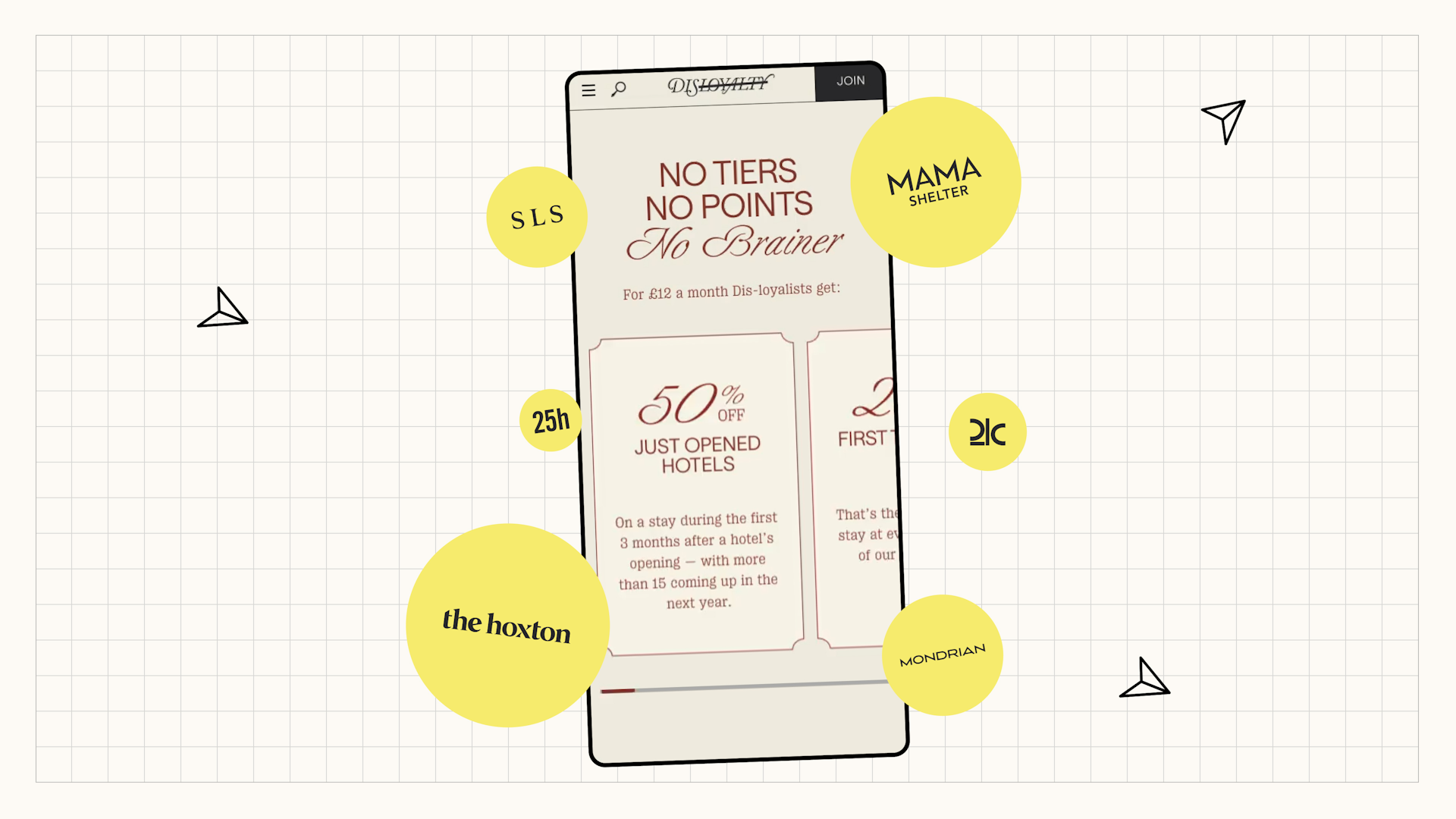 Smartphone displaying the Dis-loyalty program promotion offering discounts to six different hotel brands.