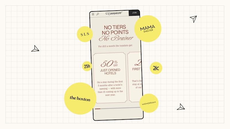 Smartphone displaying the Dis-loyalty program promotion offering discounts to six different hotel brands.