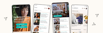 Four smartphone screens display an app featuring a club for women, event listings, articles, and recommended courses.
