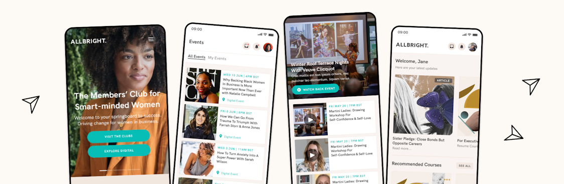 Four smartphone screens display an app featuring a club for women, event listings, articles, and recommended courses.