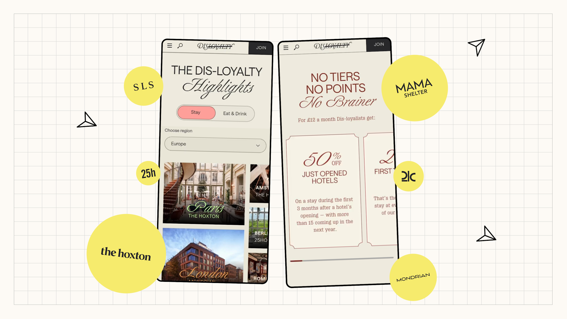 Two smartphone screens display a hotel loyalty program app, highlighting membership perks and discounts.
